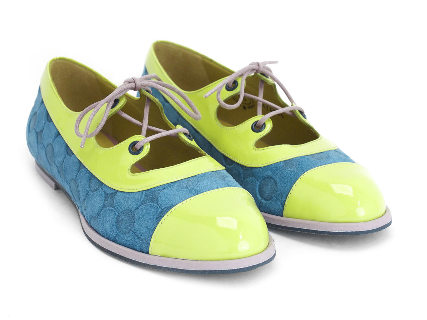 Jacquie Blue/Green Embossed lace-up flat: Quarter view