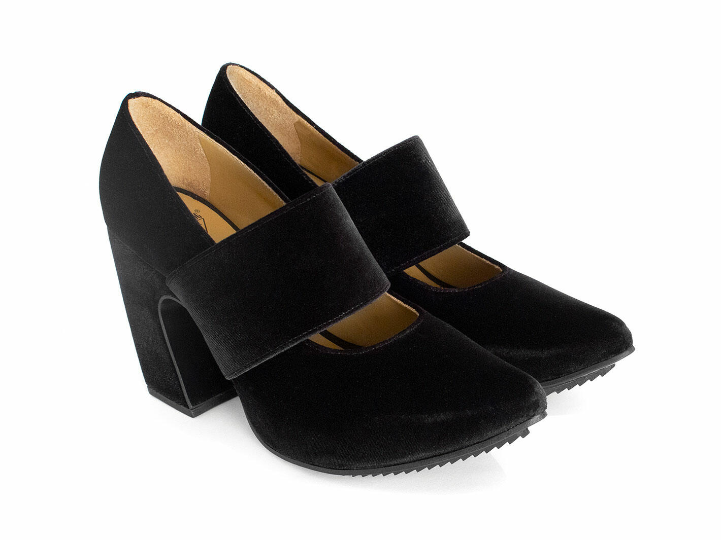 Joyride Black Wide Strap Platform Heels: Quarter view