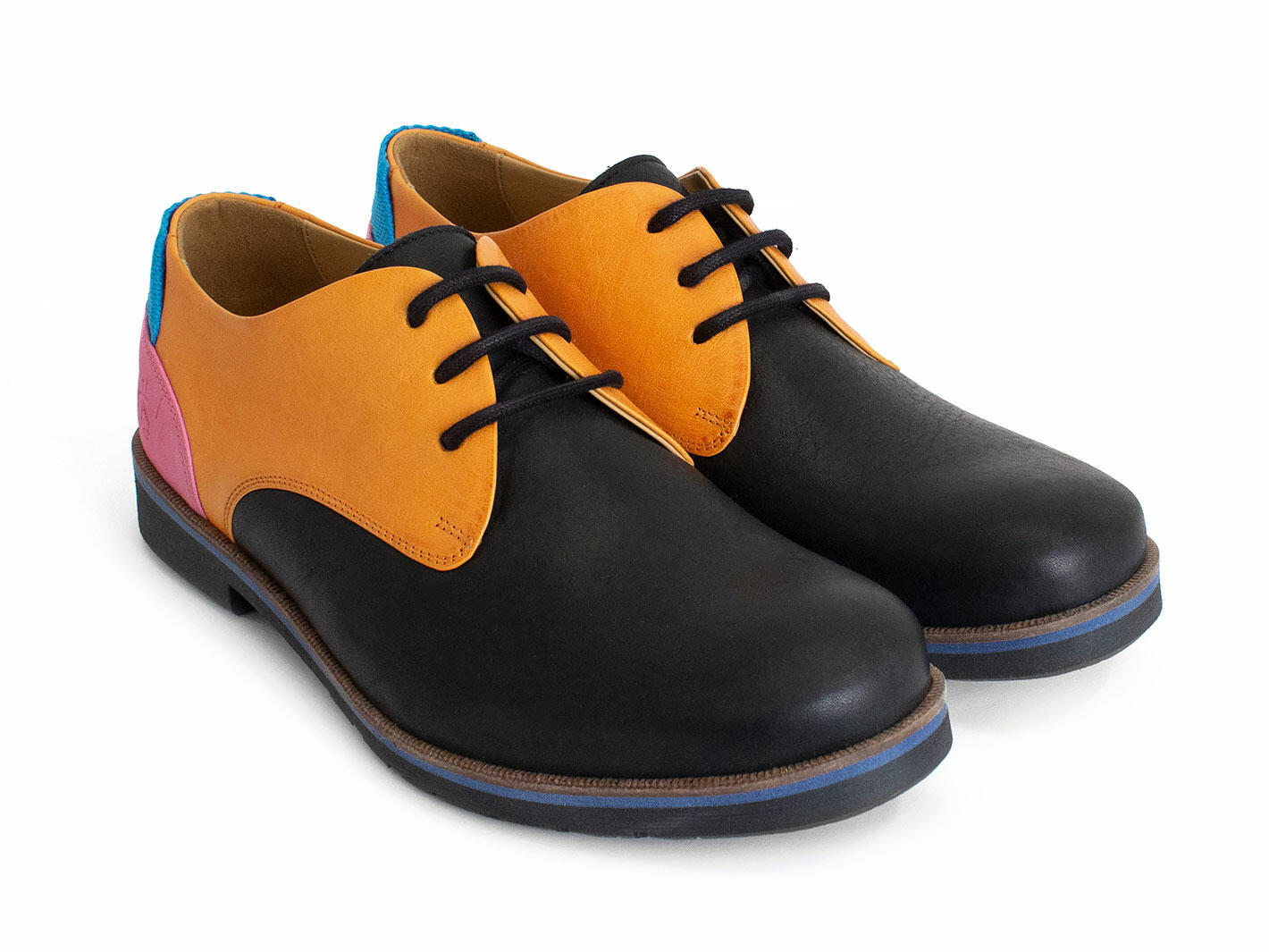 Kenn Black/Orange/Pink Contrast Derby Shoes: Quarter view