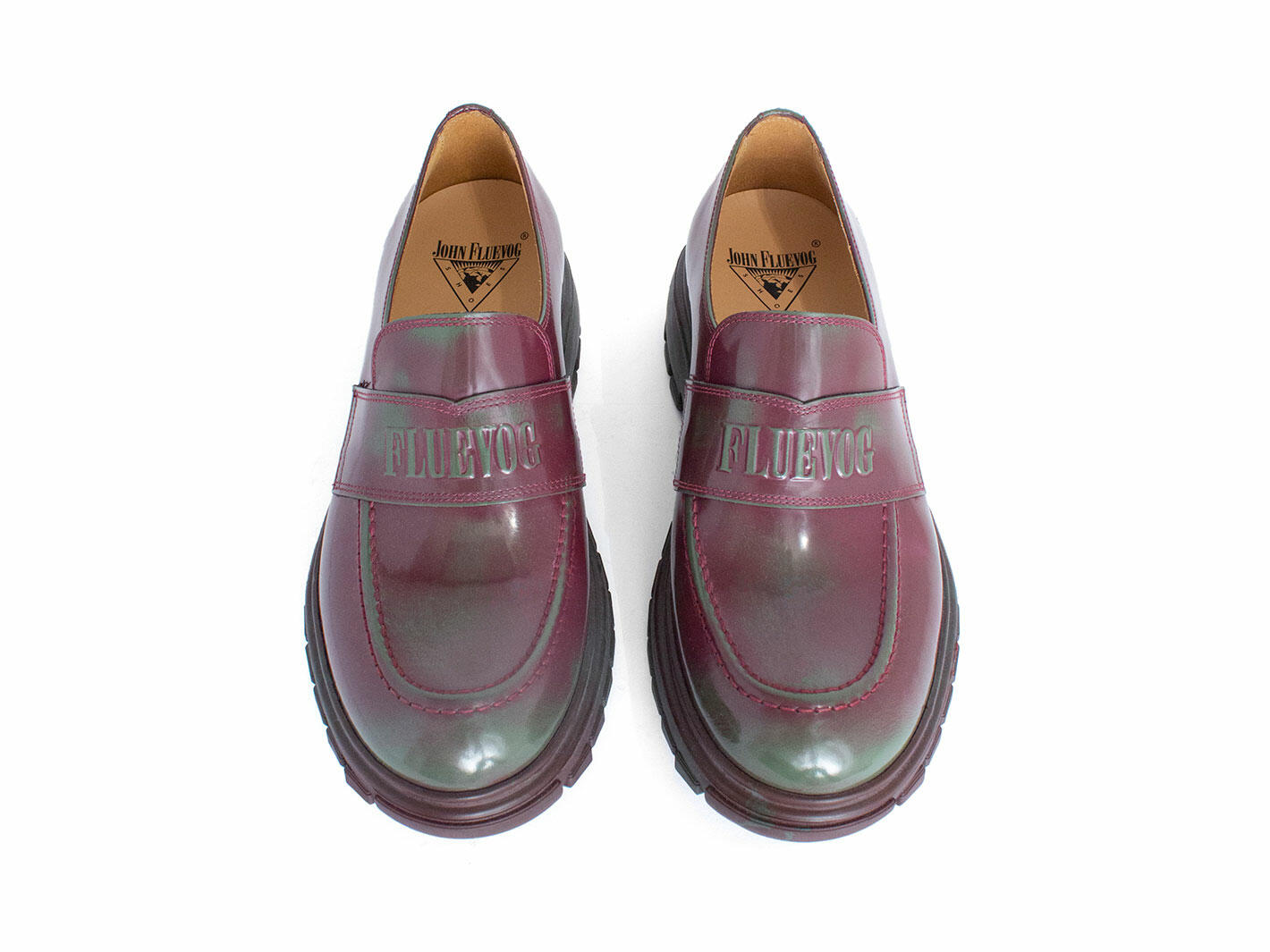 Linggo Purple/Green Leather Loafers with Rubber Soles: Front