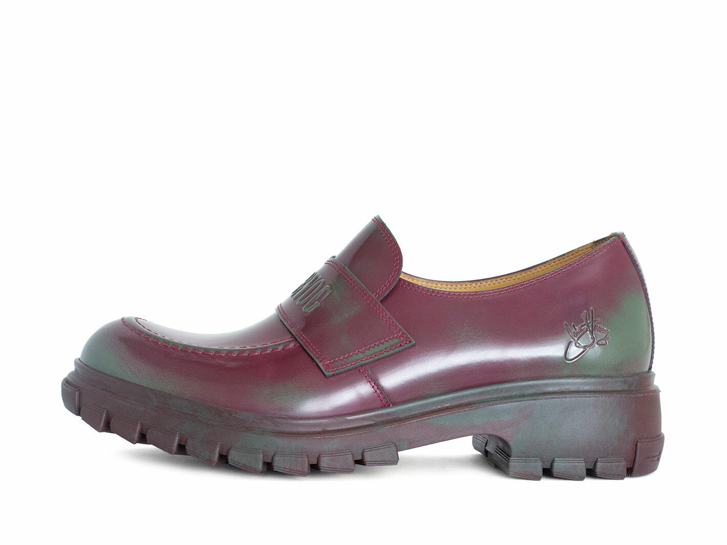 Linggo Purple/Green Leather Loafers with Rubber Soles: Profile outside
