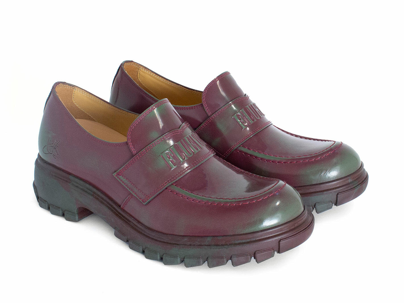 Linggo Purple/Green Leather Loafers with Rubber Soles: Quarter view