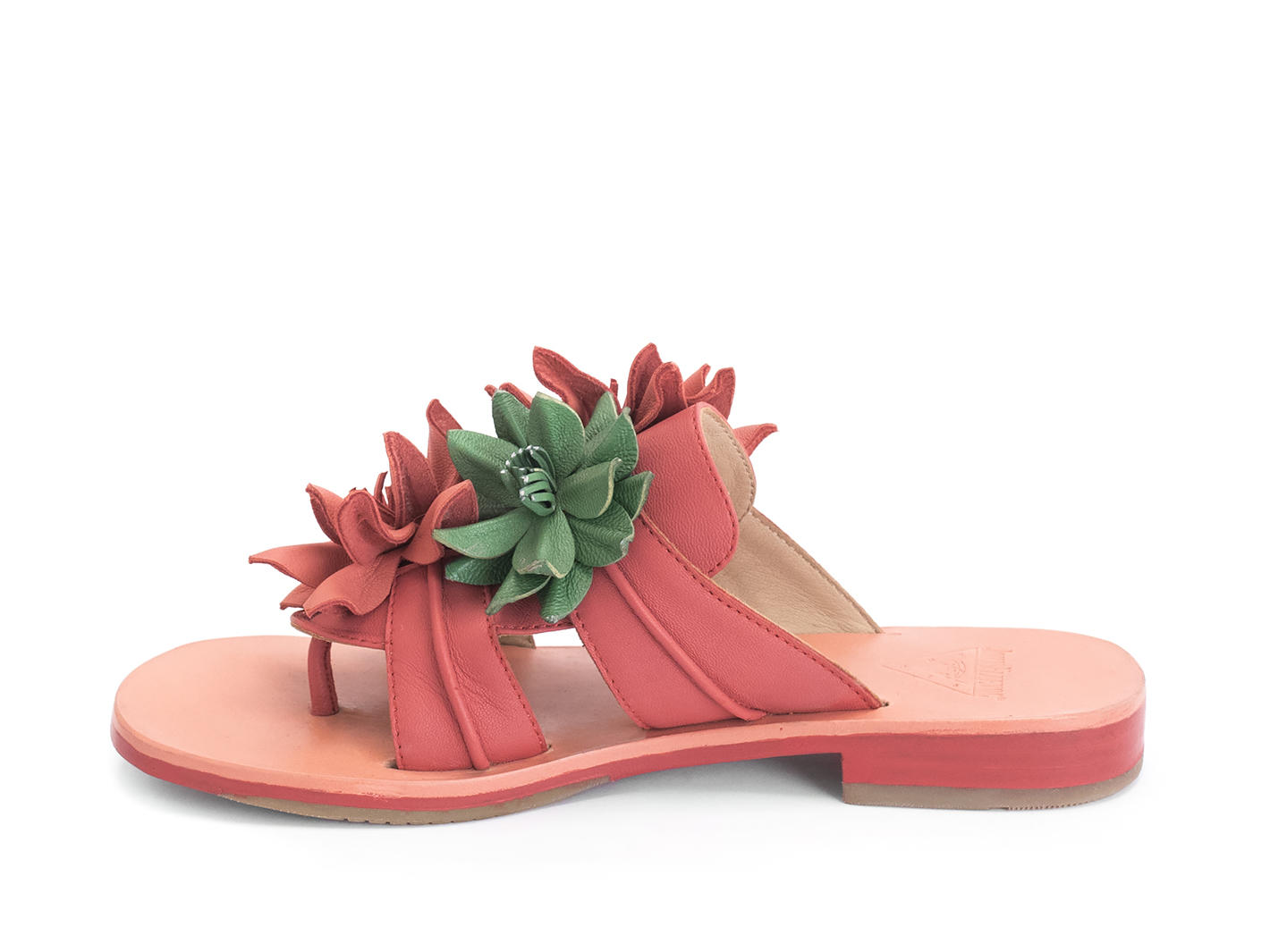 Madeira Red Flat sandal with leather flowers: Profile inside