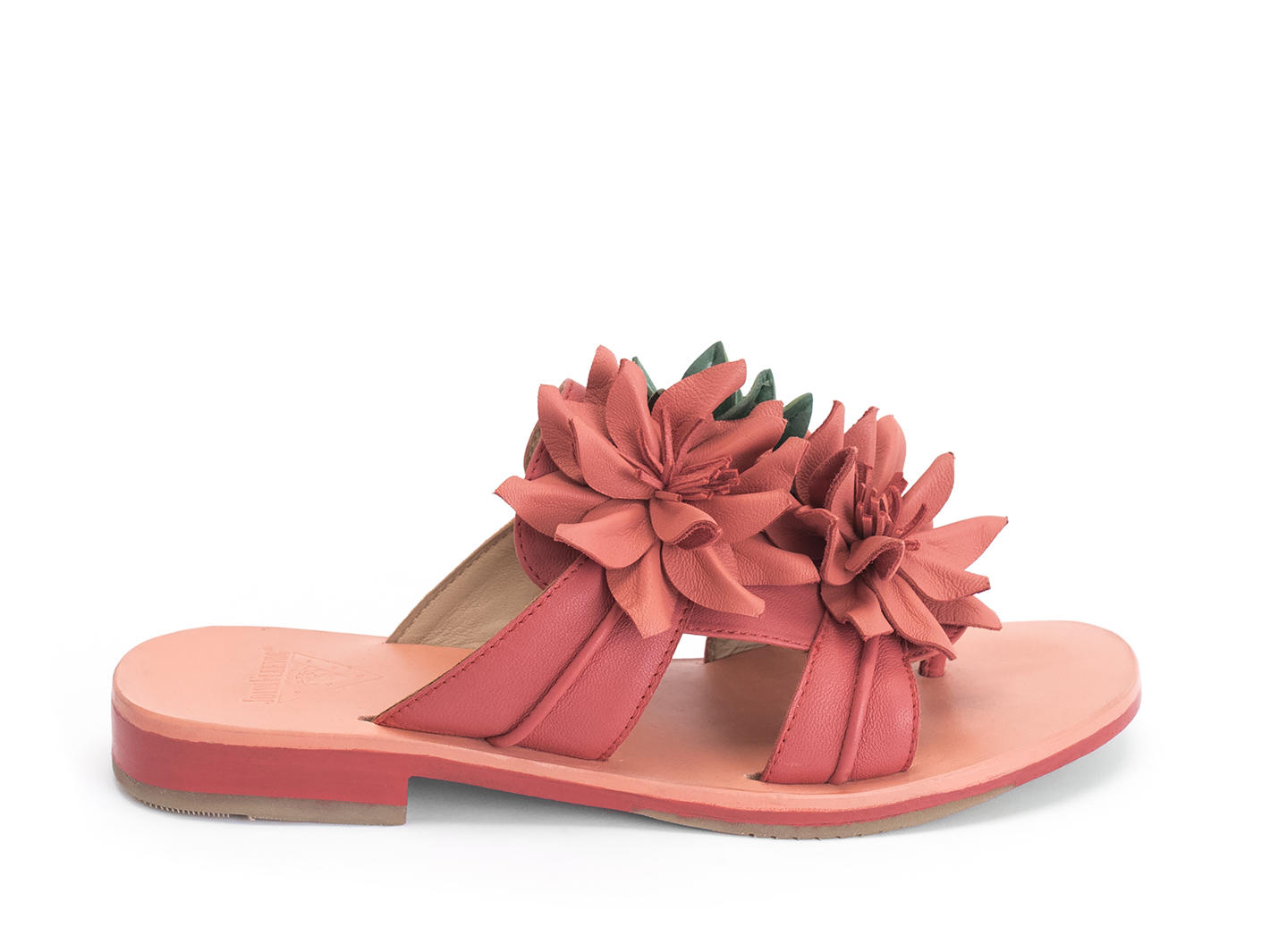 Madeira Red Flat sandal with leather flowers: Profile outside