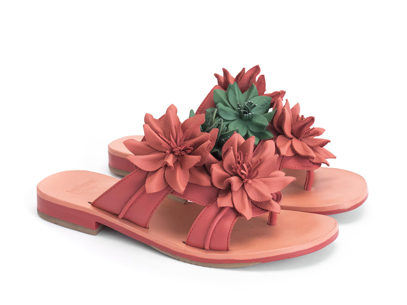 Madeira Red Flat sandal with leather flowers: Quarter view