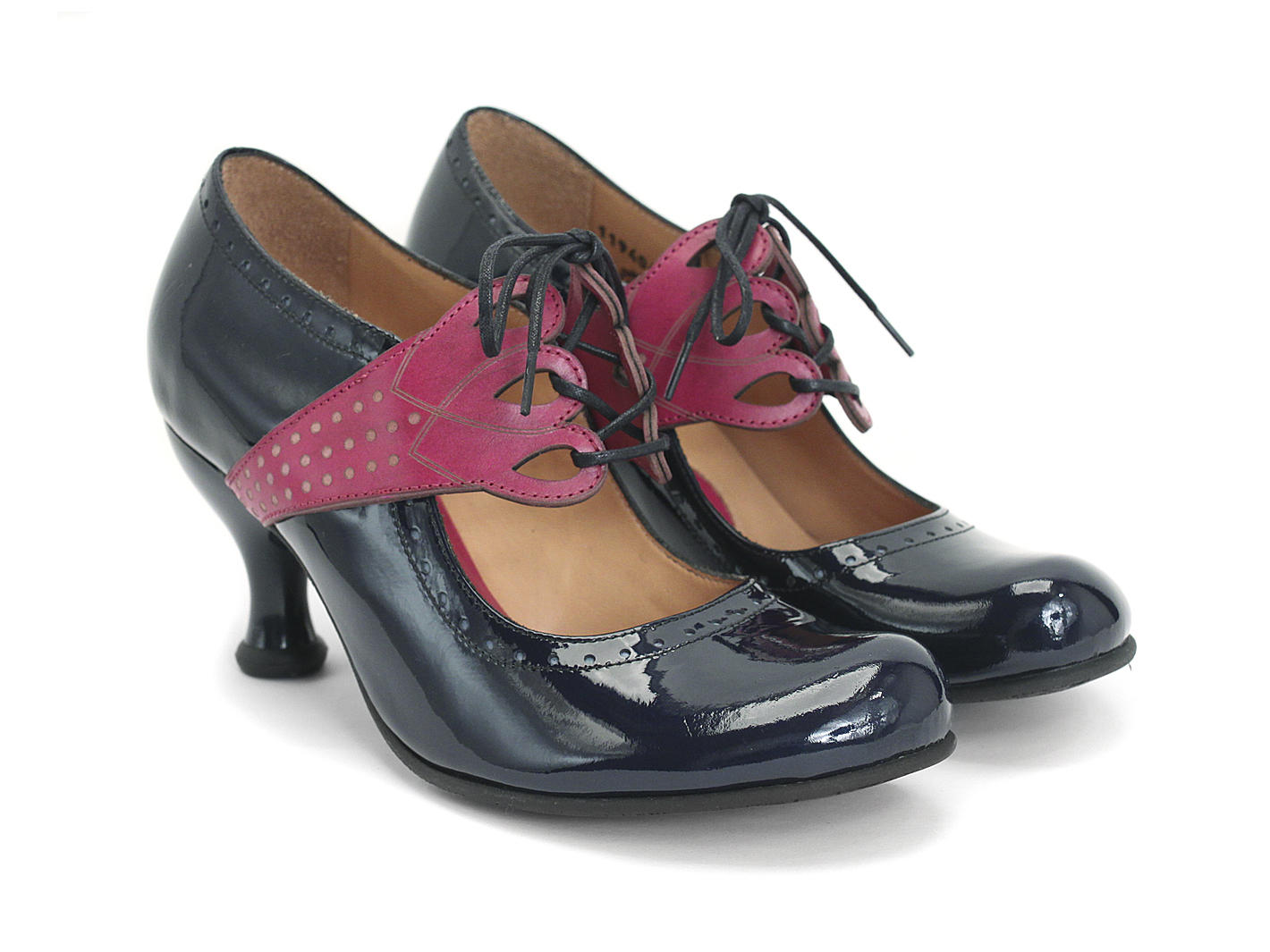 Mollie Johnson Navy & Pink Lace-Up Mary Jane Heel: Quarter view