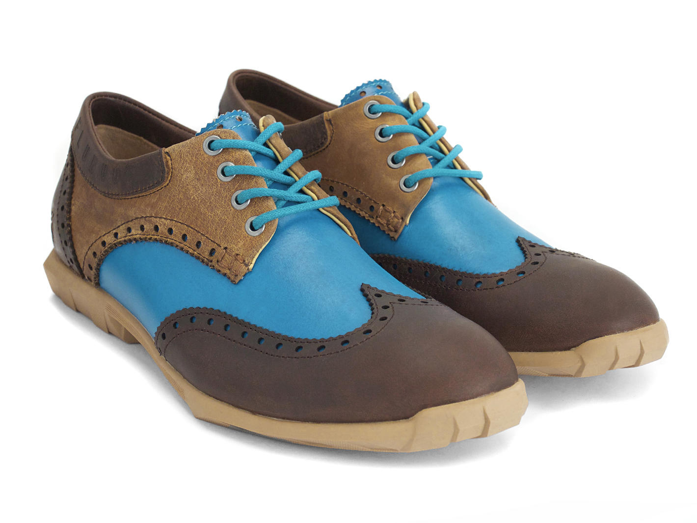 Orbit Blue/Brown Brogue Wingtip Derby Shoes: Quarter view