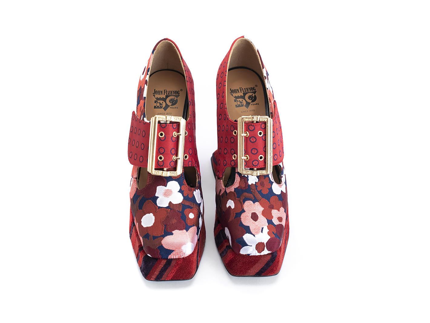 Original Red Floral/Stripes/Dots Baroque Platform Heels: Front
