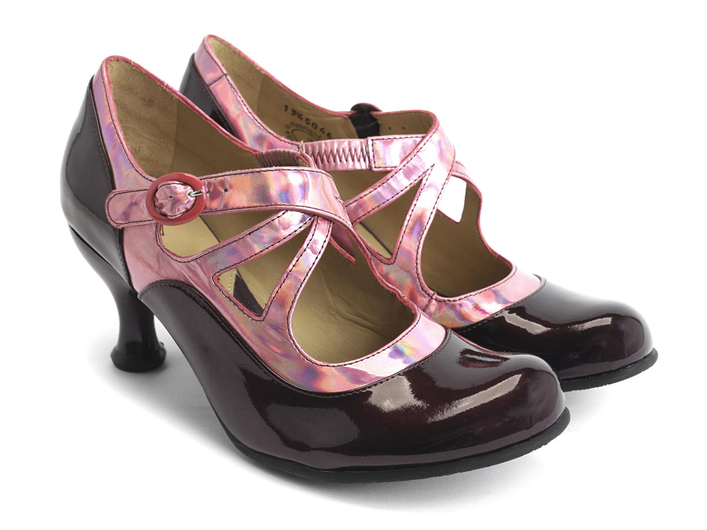 Pearl Hart Purple & Pink Criss-crossed mary jane heel: Quarter view