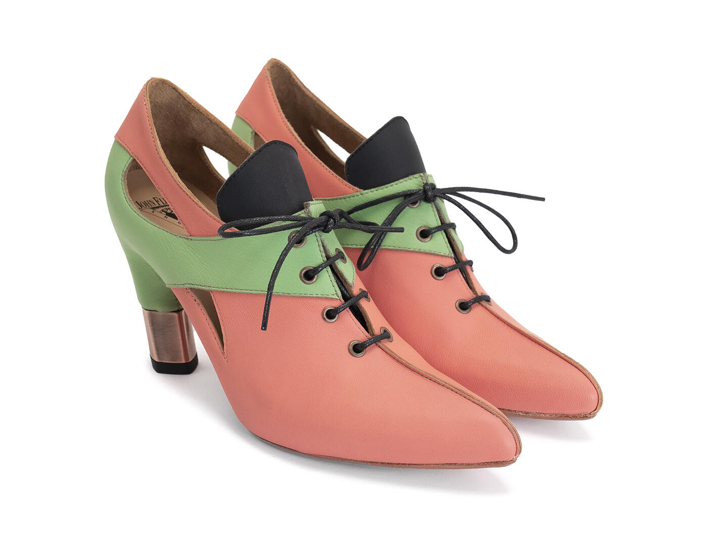 Pegasi Orange/Green Lace-Up Heels with Cutouts: Quarter view