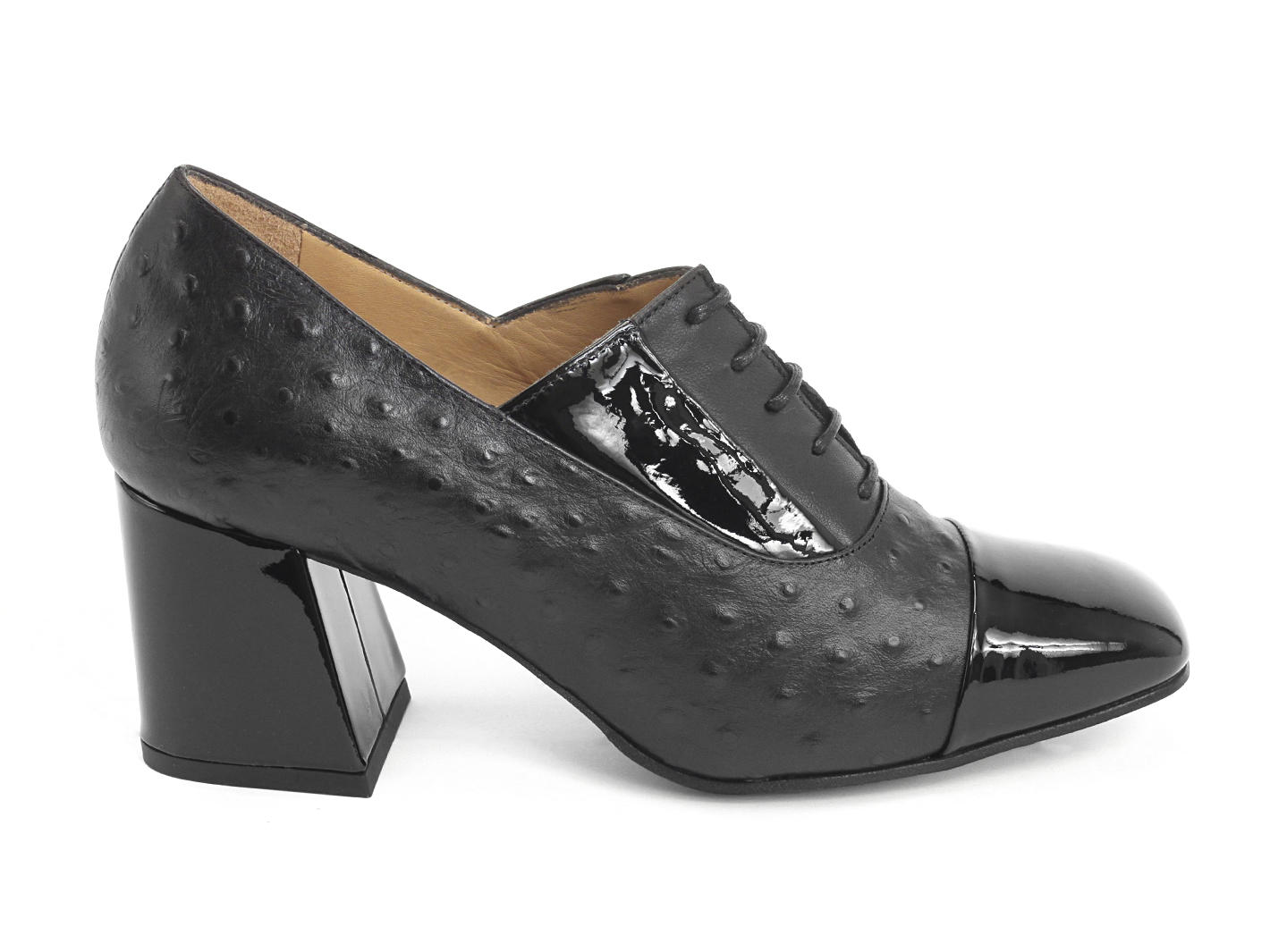 Phyllis Black Patent lace-up heel: Profile outside