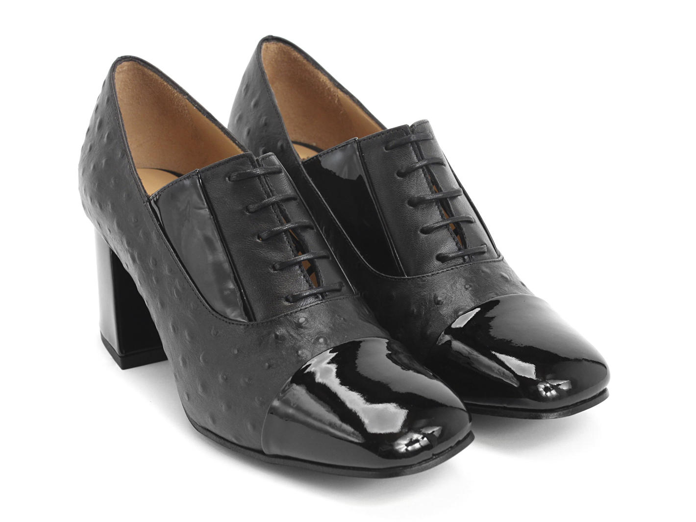 Phyllis Black Patent lace-up heel: Quarter view