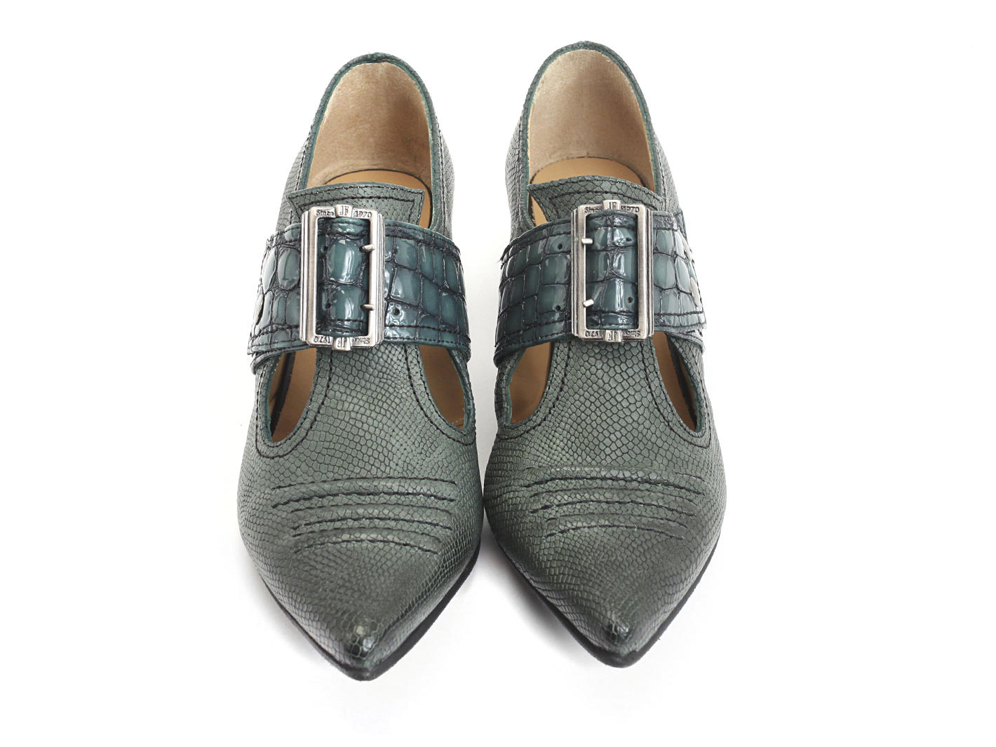 Pilgrim Green Buckled Victorian Loafers: Front