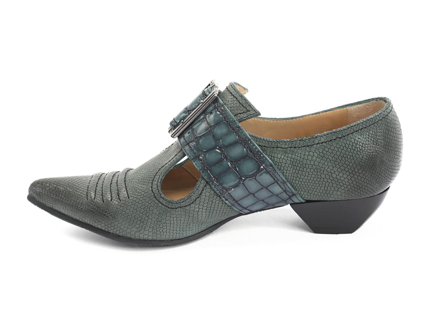 Pilgrim Green Buckled Victorian Loafers: Profile inside