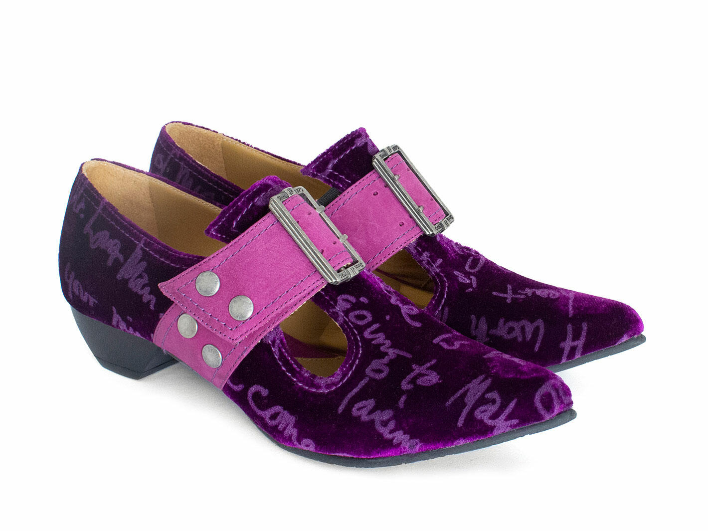 Pilgrim Purple Velvet Buckled Victorian Loafers: Quarter view