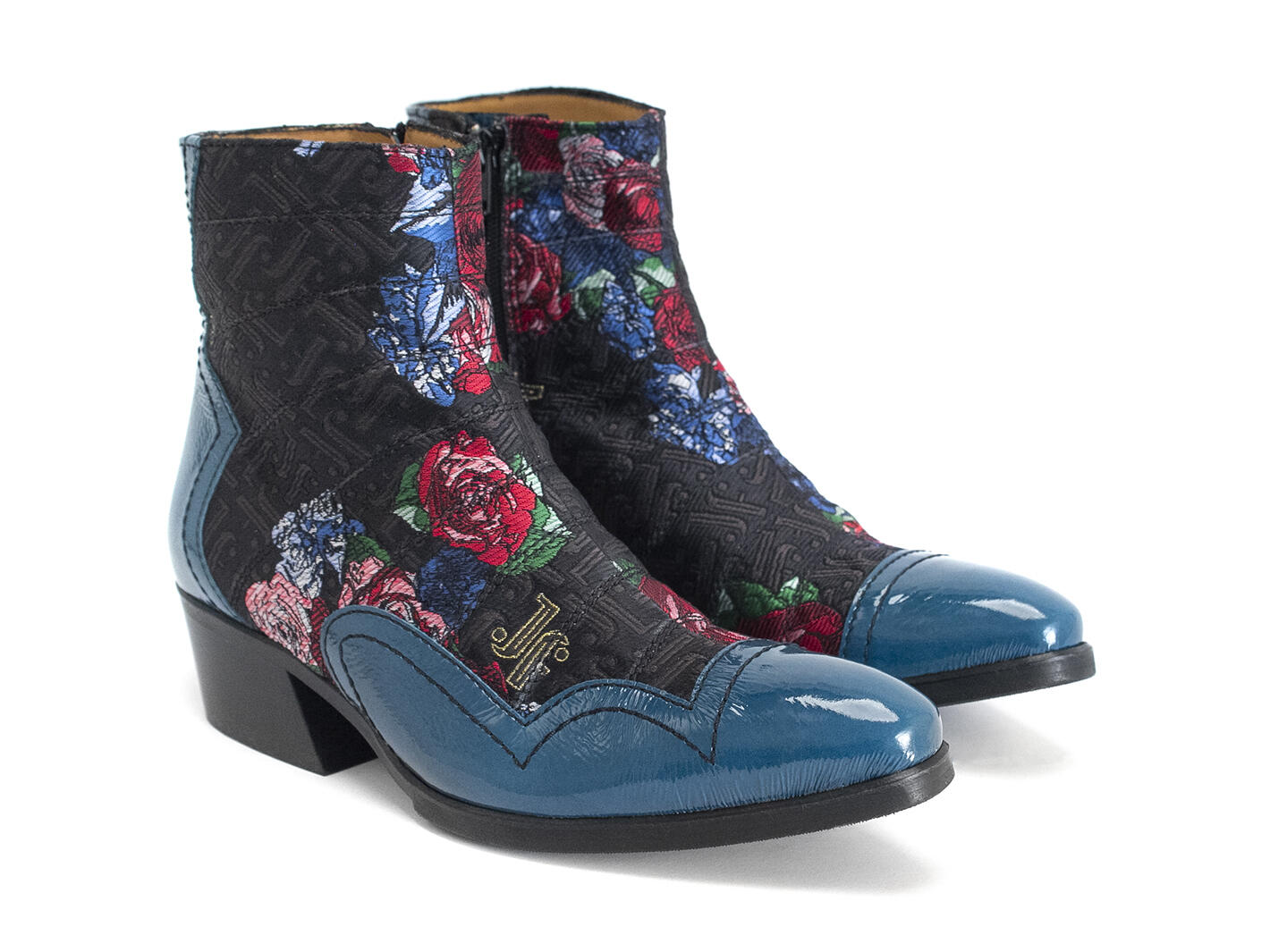 Presley: Men’s JF Floral/Navy Ankle boot with stitching: Quarter view