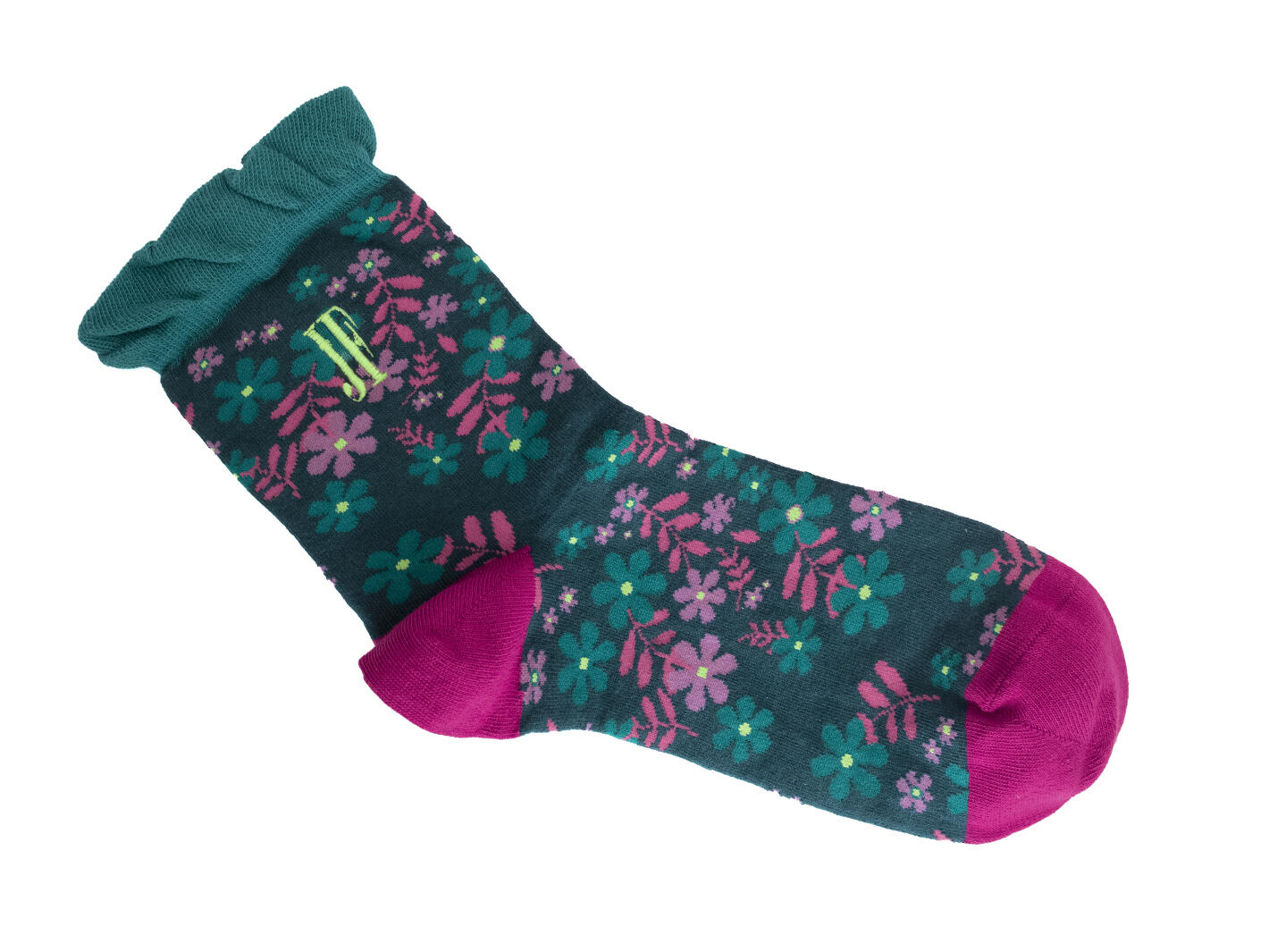Purrcy Vog Socks Teal/Pink Floral ruffle sock