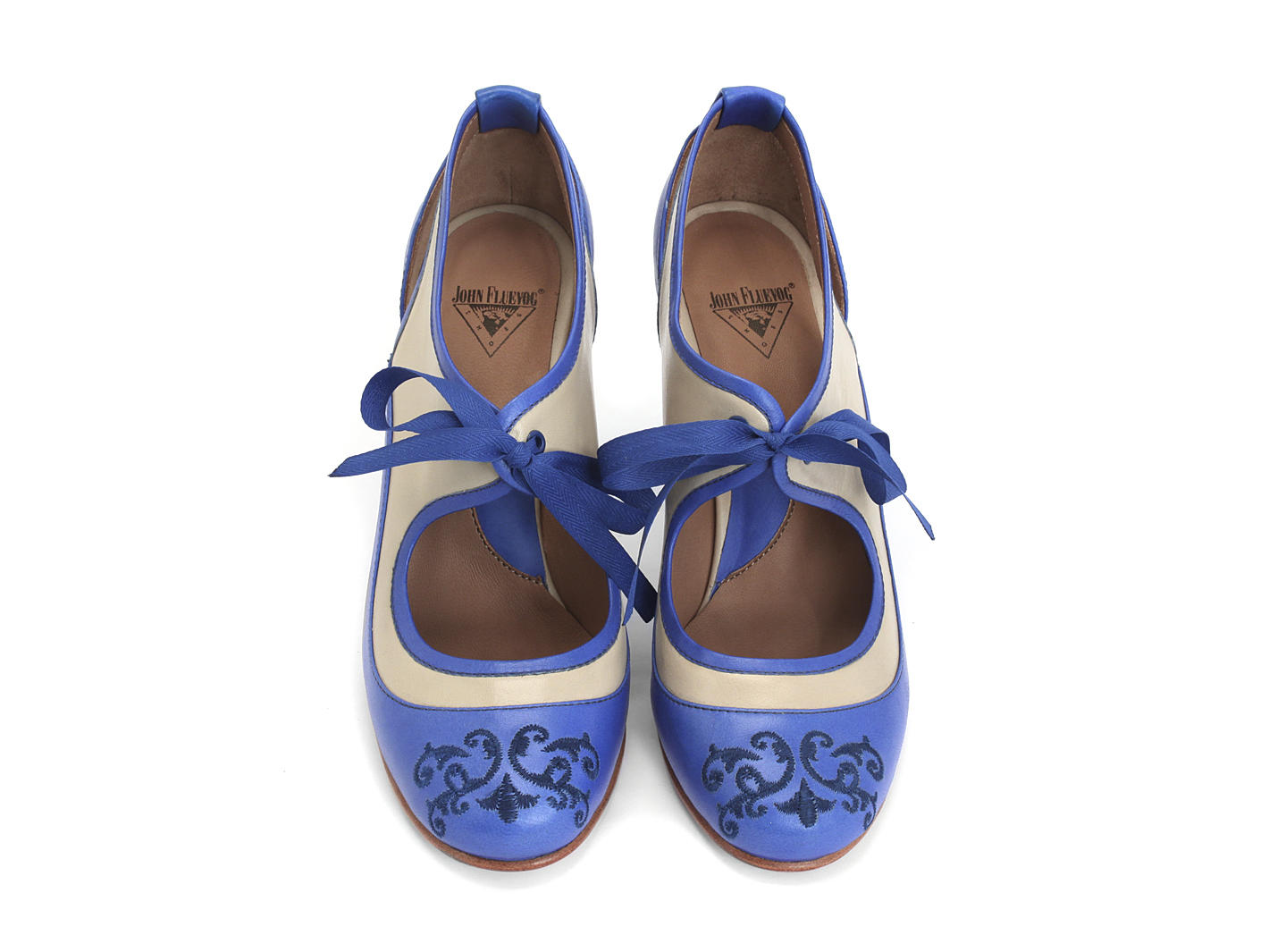 Revelation Blue & Beige Vintage Lace-Up Mary Jane Heels: Front