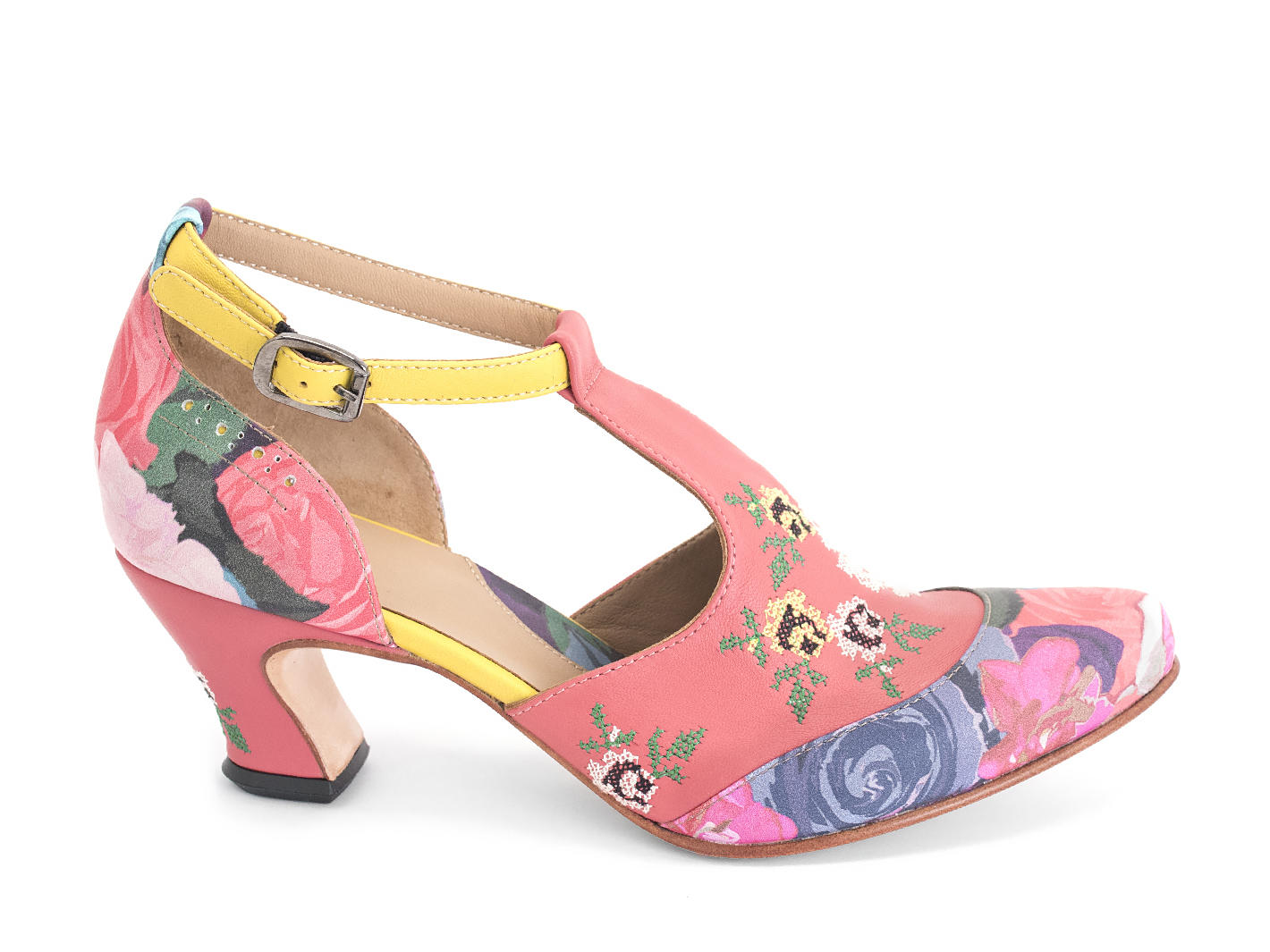 Rigel Floral T-strap heel with embroidery: Profile outside