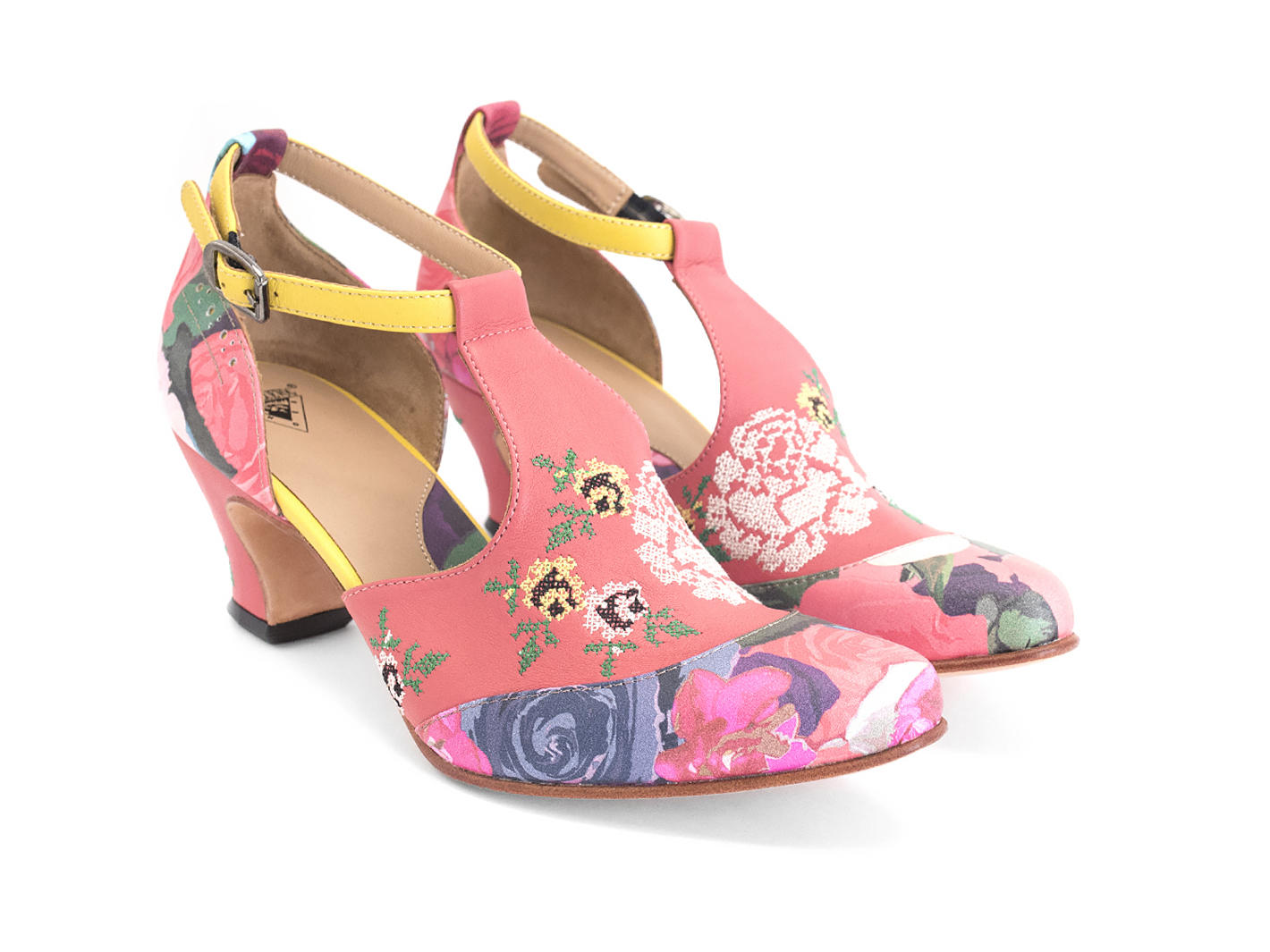 Rigel Floral T-strap heel with embroidery: Quarter view