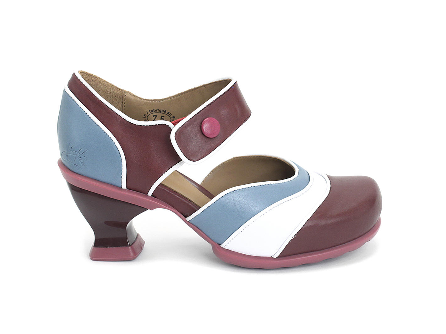 Sam Cherry, Blue & White Strapped Mary Jane Heel: Profile outside