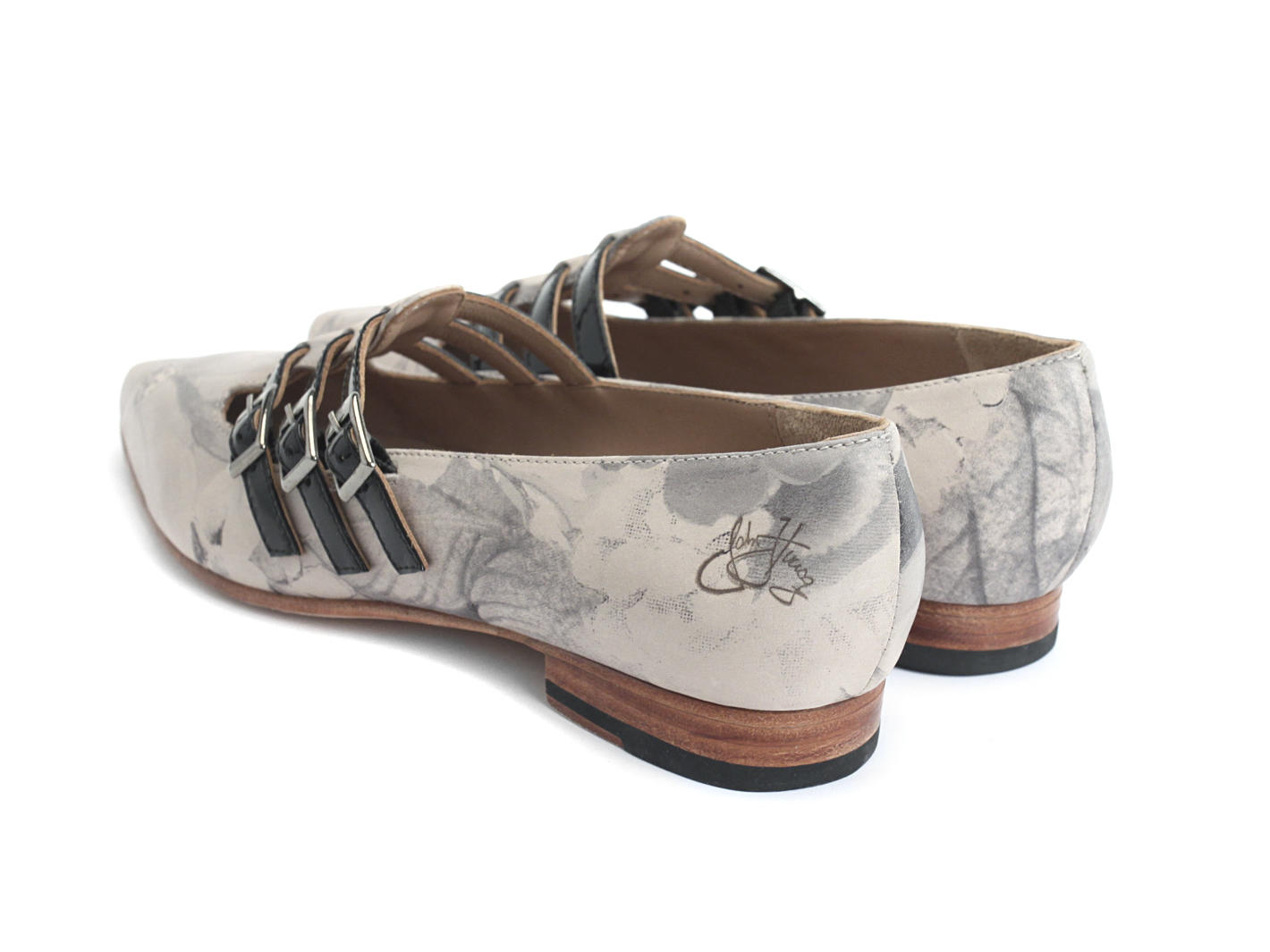 Sandi Grey Floral Flat loafer with 3-straps: Back