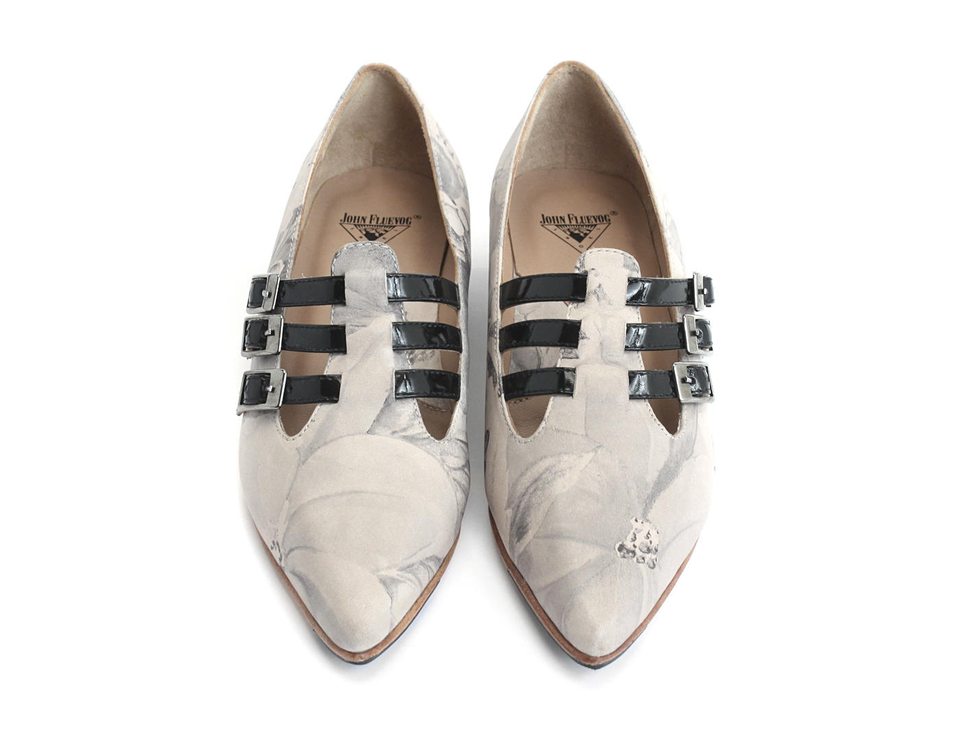 Sandi Grey Floral Flat loafer with 3-straps: Front