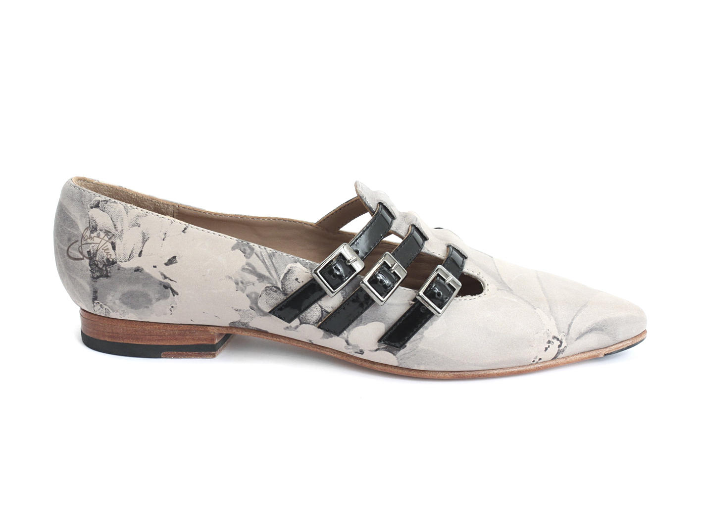 Sandi Grey Floral Flat loafer with 3-straps: Profile outside