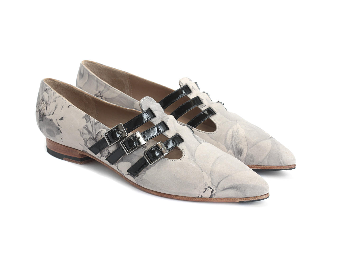 Sandi Grey Floral Flat loafer with 3-straps: Quarter view