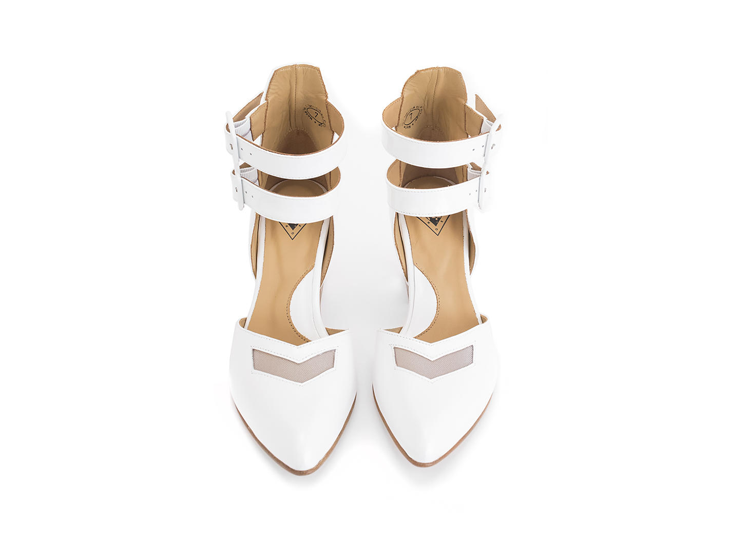 Slant White Ankle strap heel: Front