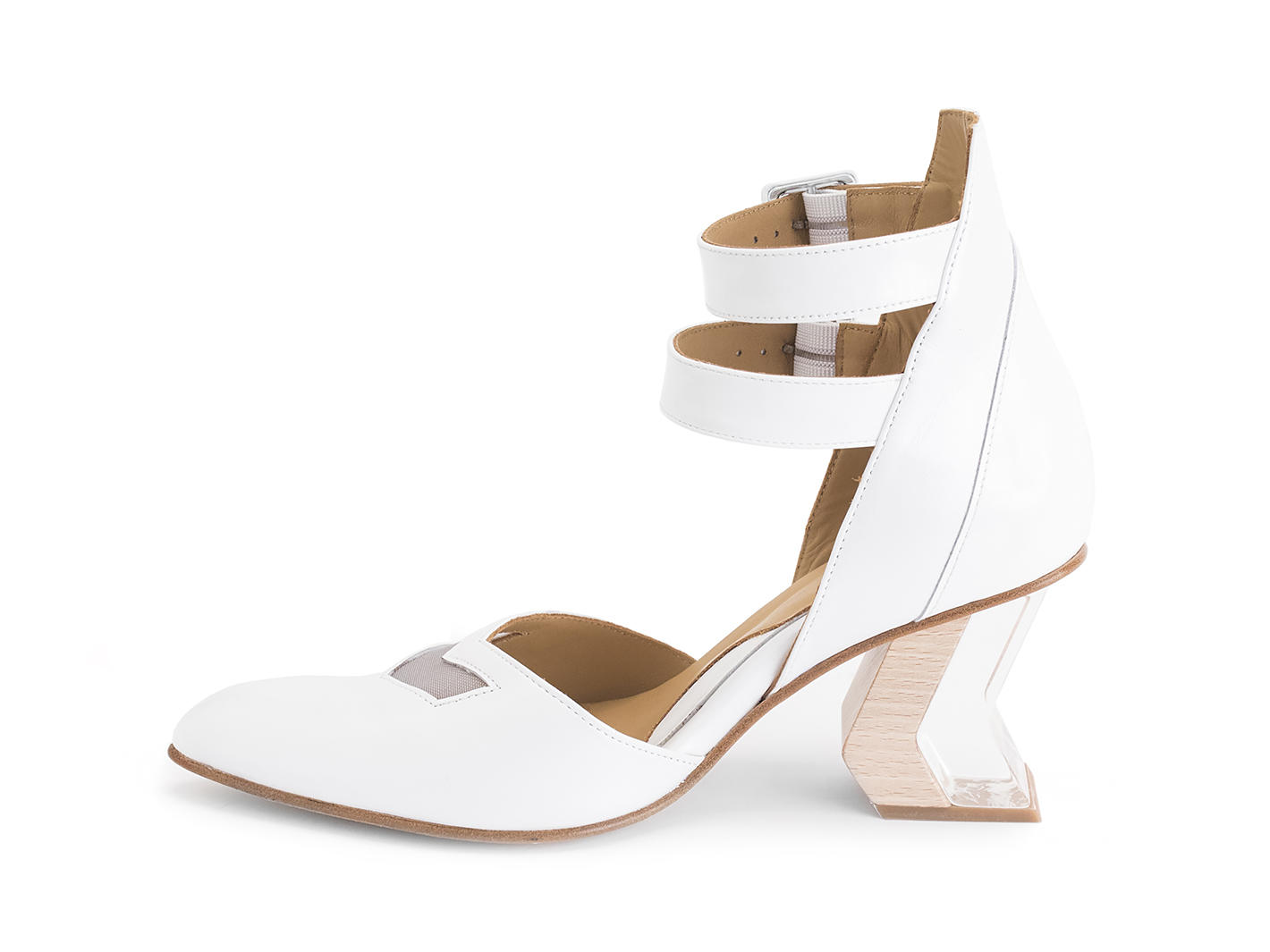 Slant White Ankle strap heel: Profile inside