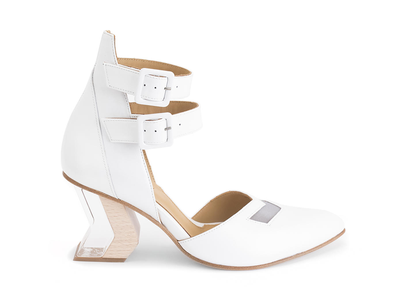 Slant White Ankle strap heel: Profile outside