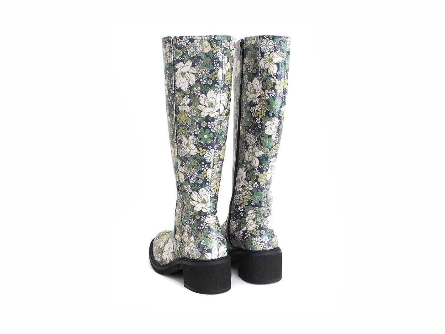 Slouch Green/Floral Tall Leather Boots: Back