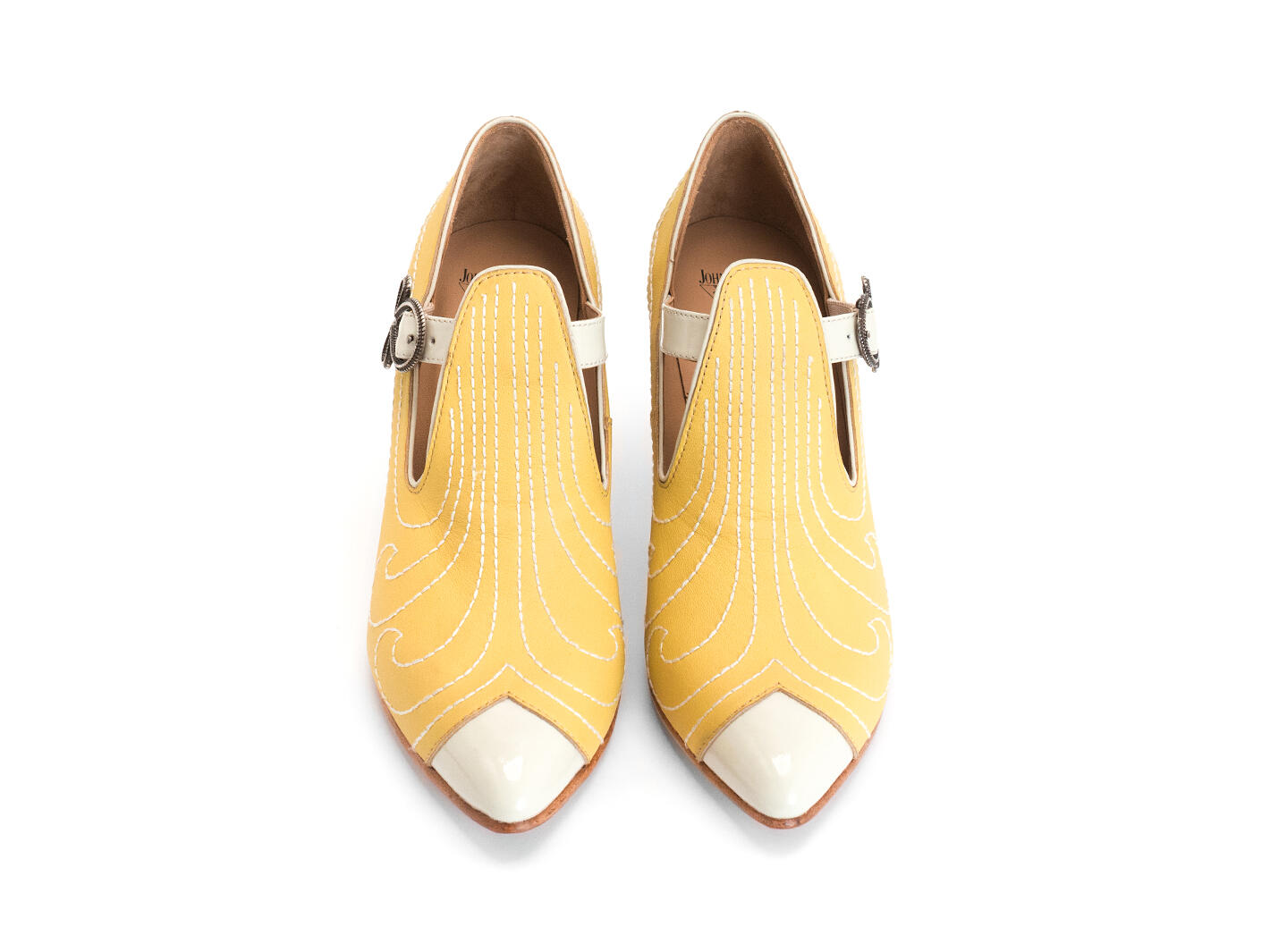 Somani Yellow T-strap heel with stitching: Front