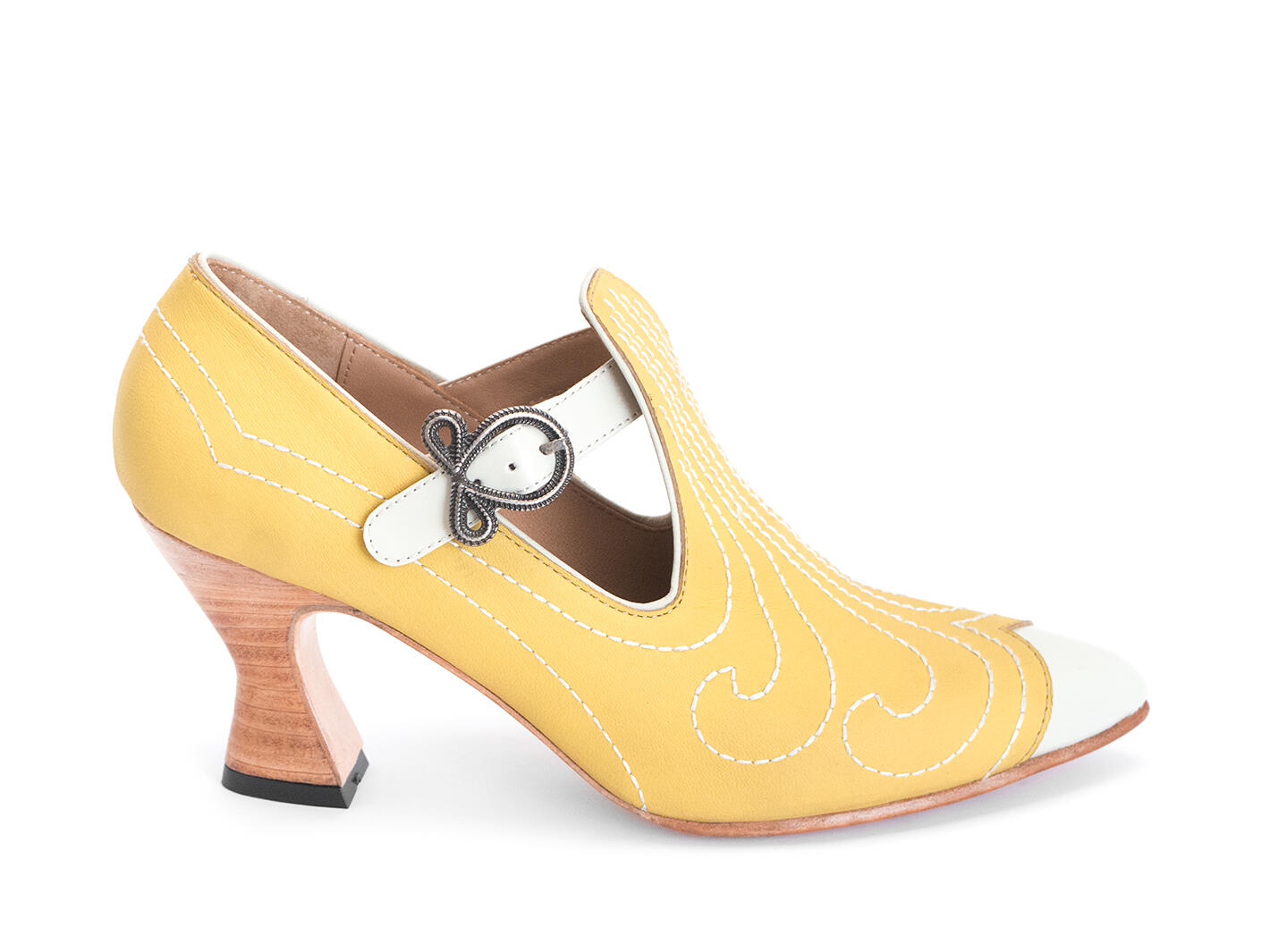 Somani Yellow T-strap heel with stitching: Profile outside