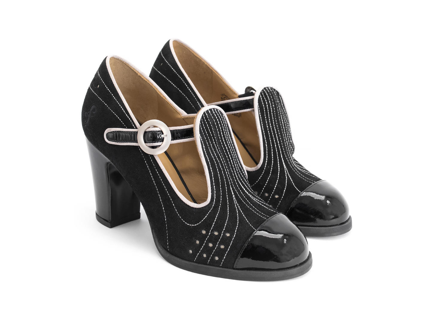 Tova Black Contrast t-strap heel: Quarter view