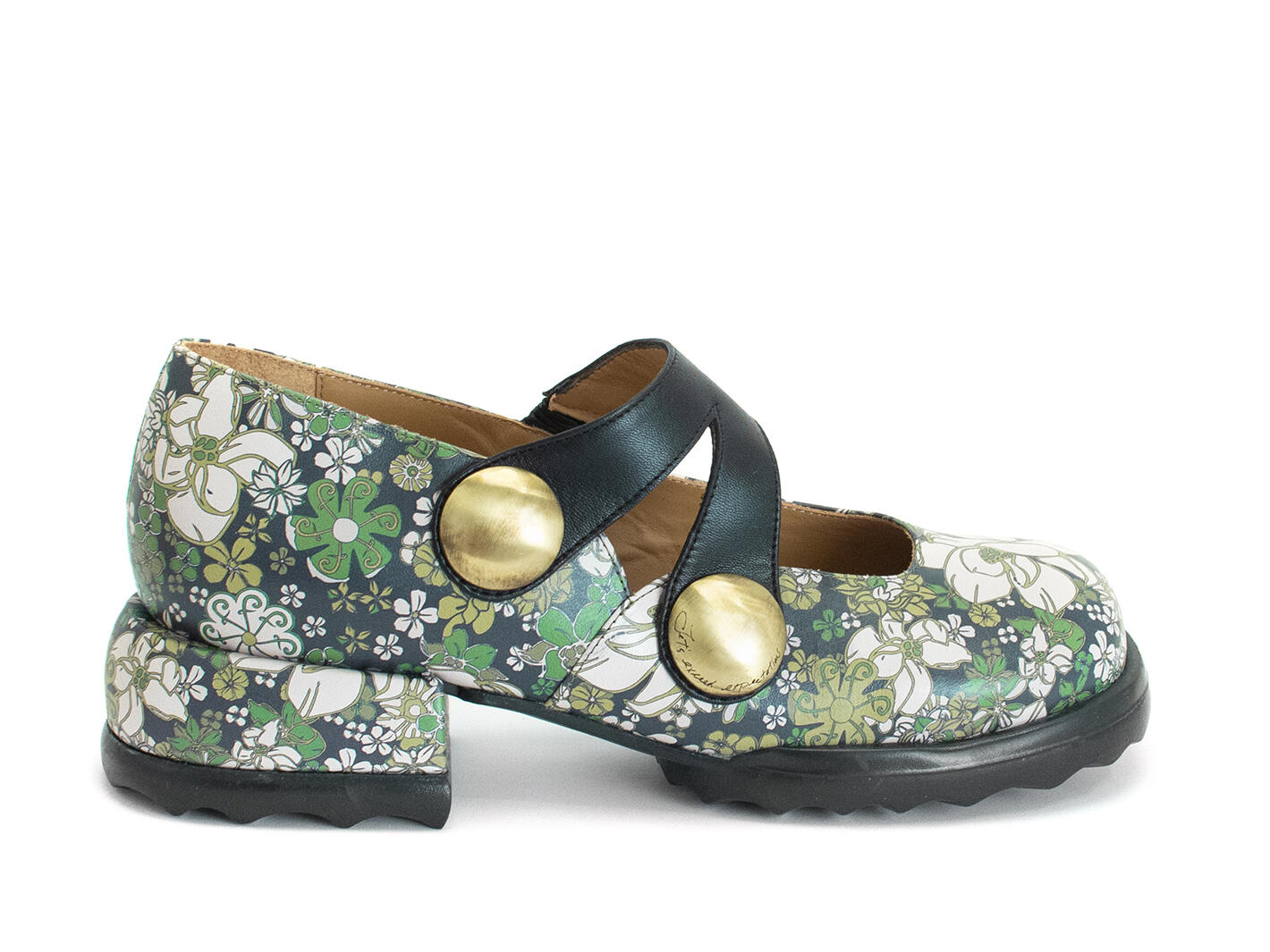 Trina Green Floral Mary Janes with Studs: Profile outside