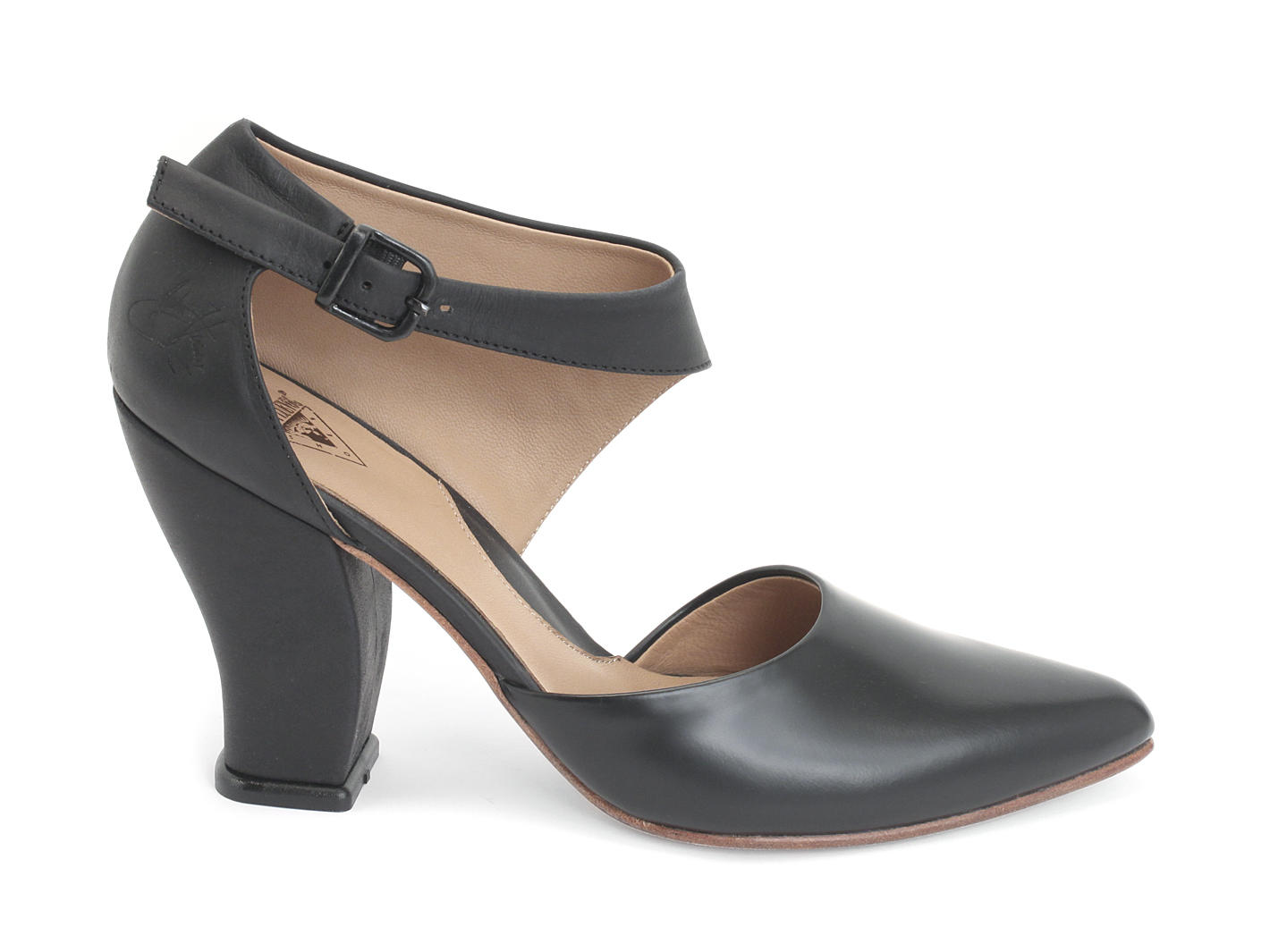 Vanessa Black Ankle Strapped Leather Heel: Profile outside