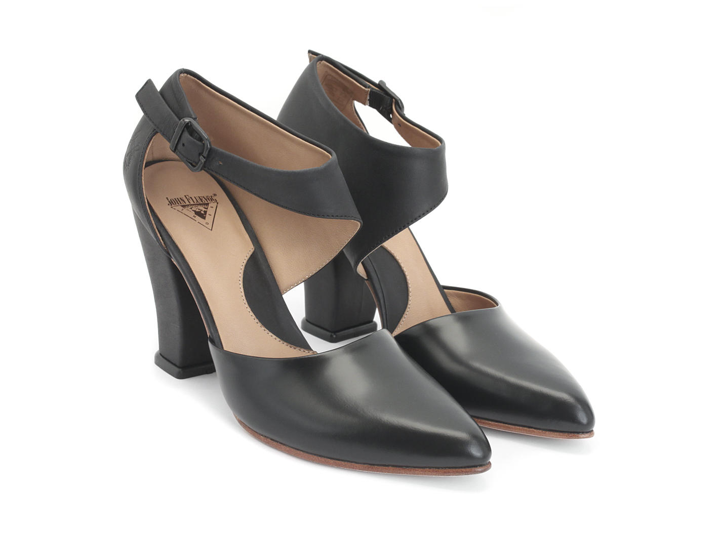 Vanessa Black Ankle Strapped Leather Heel: Quarter view