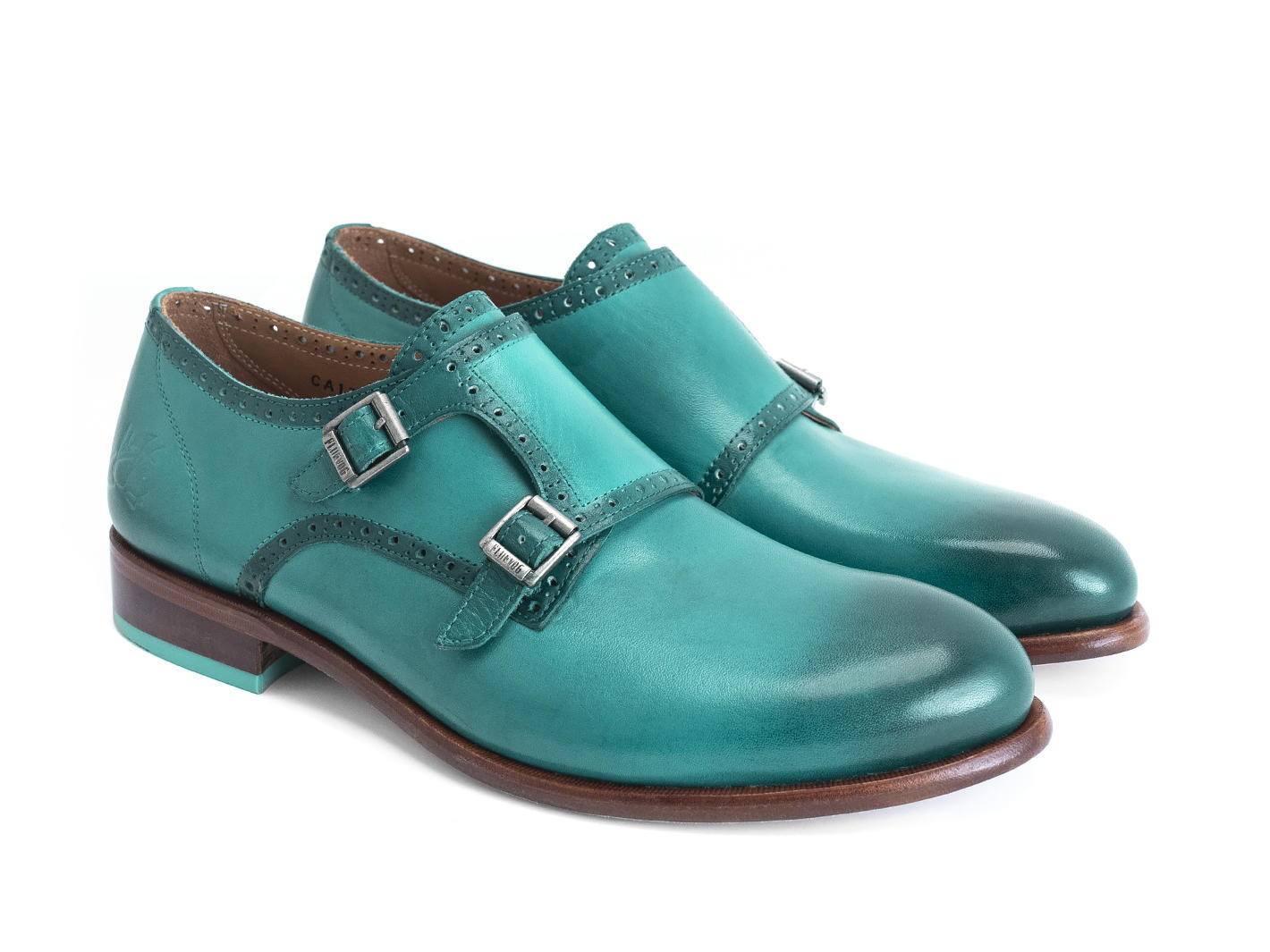 Wootton Turquoise Hand-painted monkstrap shoe: Quarter view