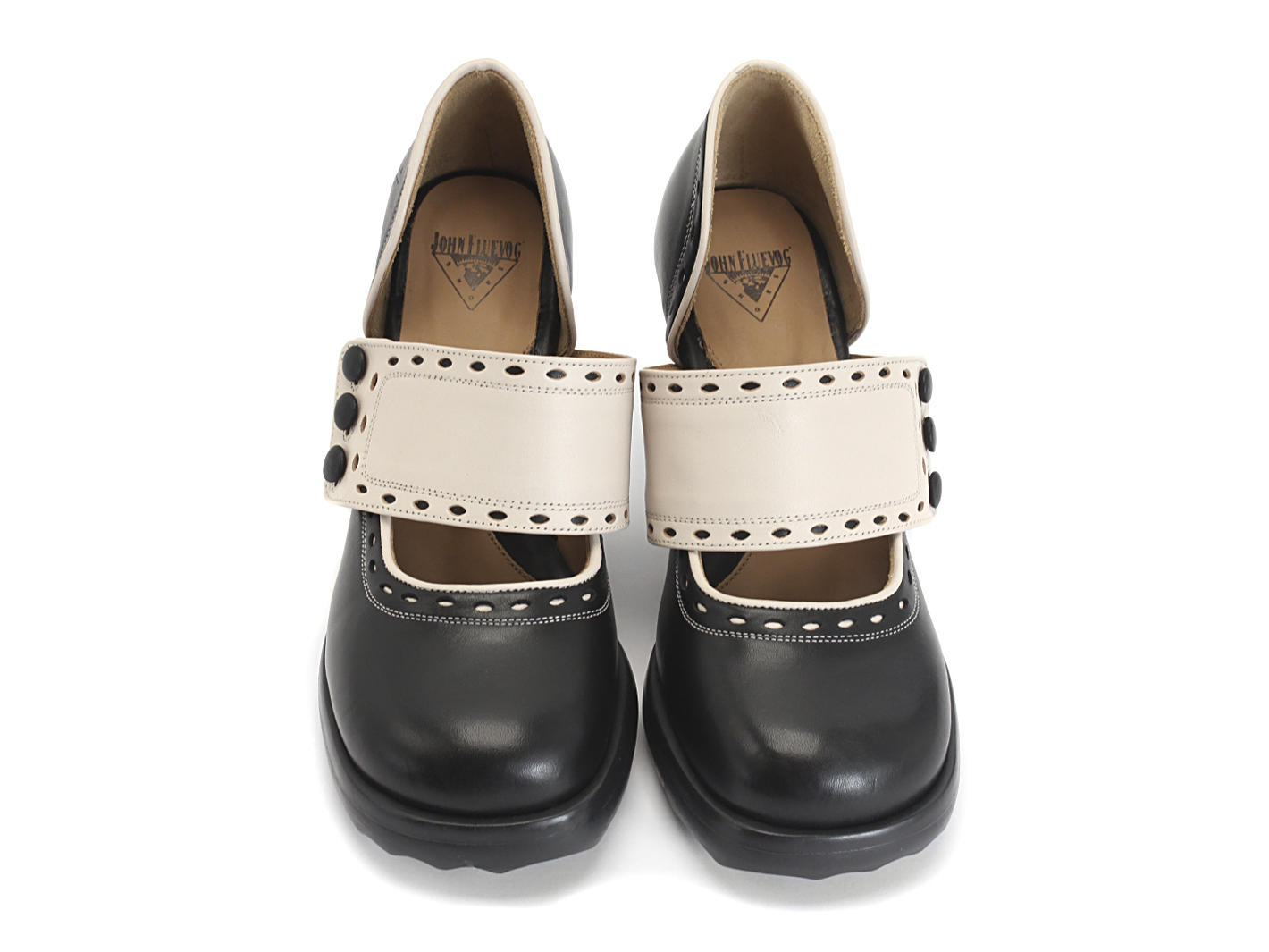 Zaza Noir & Beige Wide-Strap Mary Janes: Front