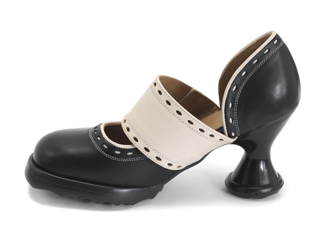 Zaza Noir & Beige Wide-Strap Mary Janes: Profile inside
