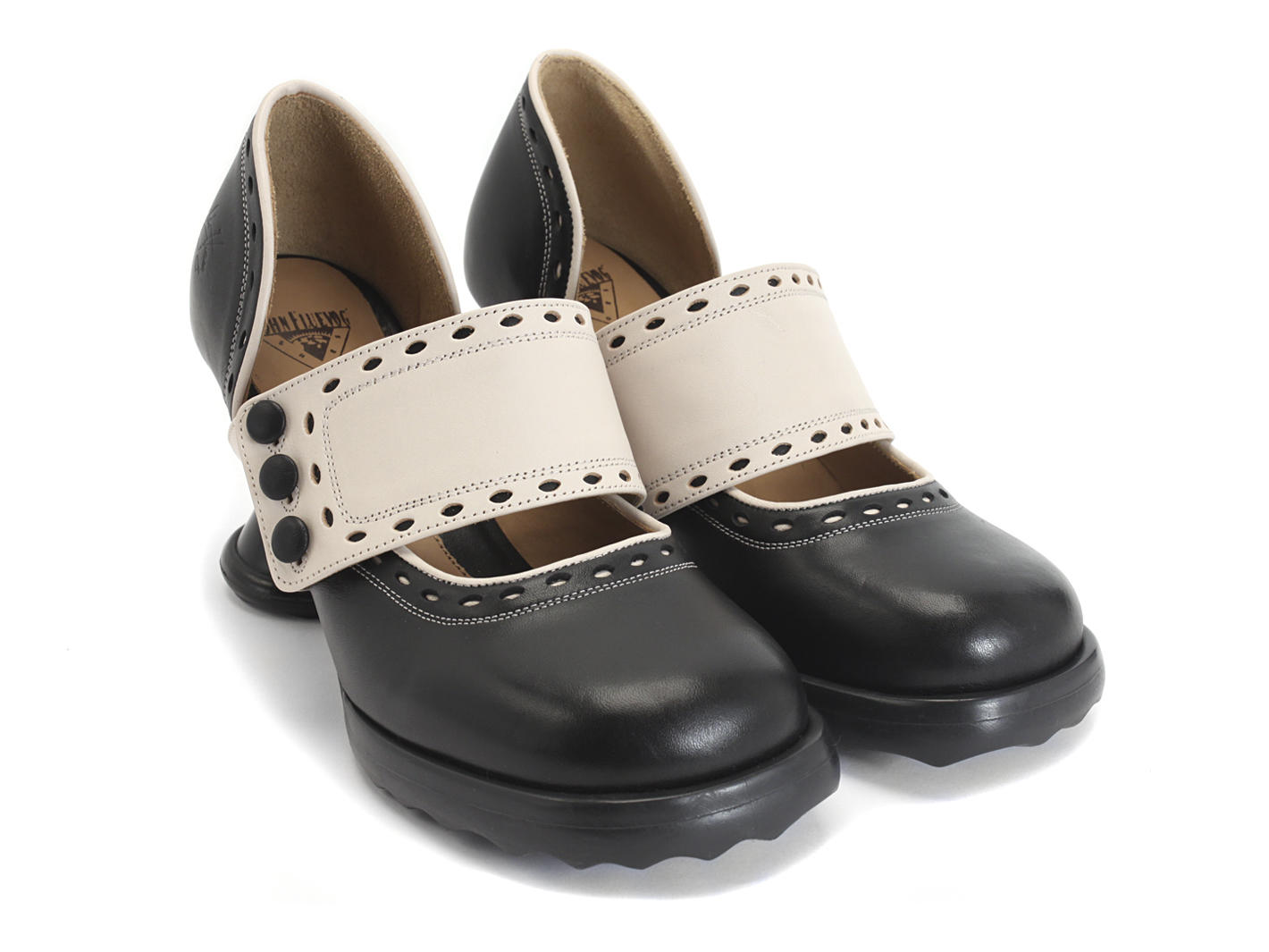 Zaza Noir & Beige Wide-Strap Mary Janes: Quarter view