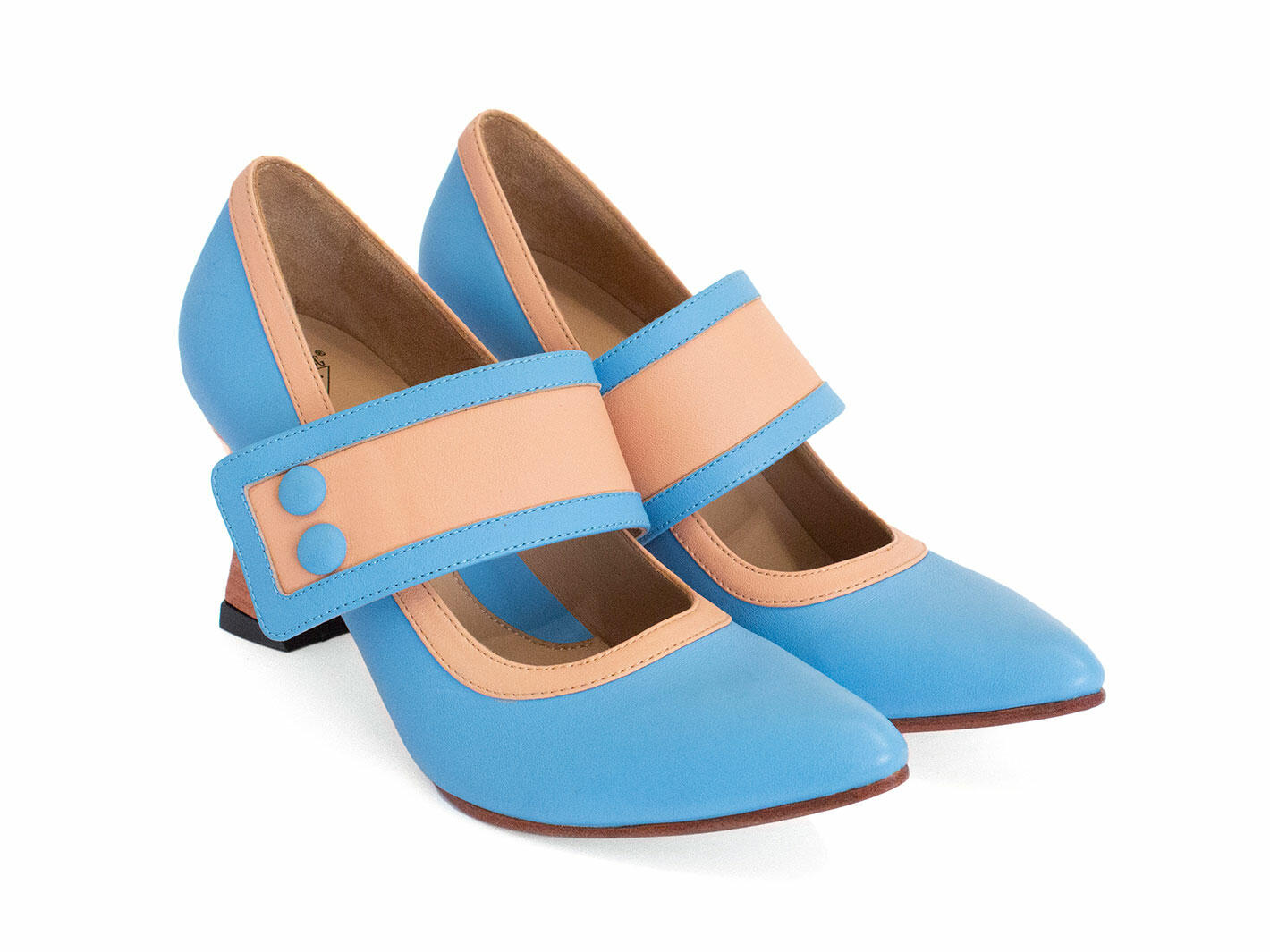 Zewde Blue/Peach Retro Mary Janes: Quarter view