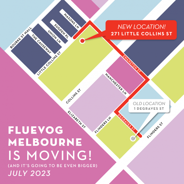 Text: "Fluevog Melbourne is moving! / And it's going to be even bigger / July 2023 / New location: 271 Little Collins St"