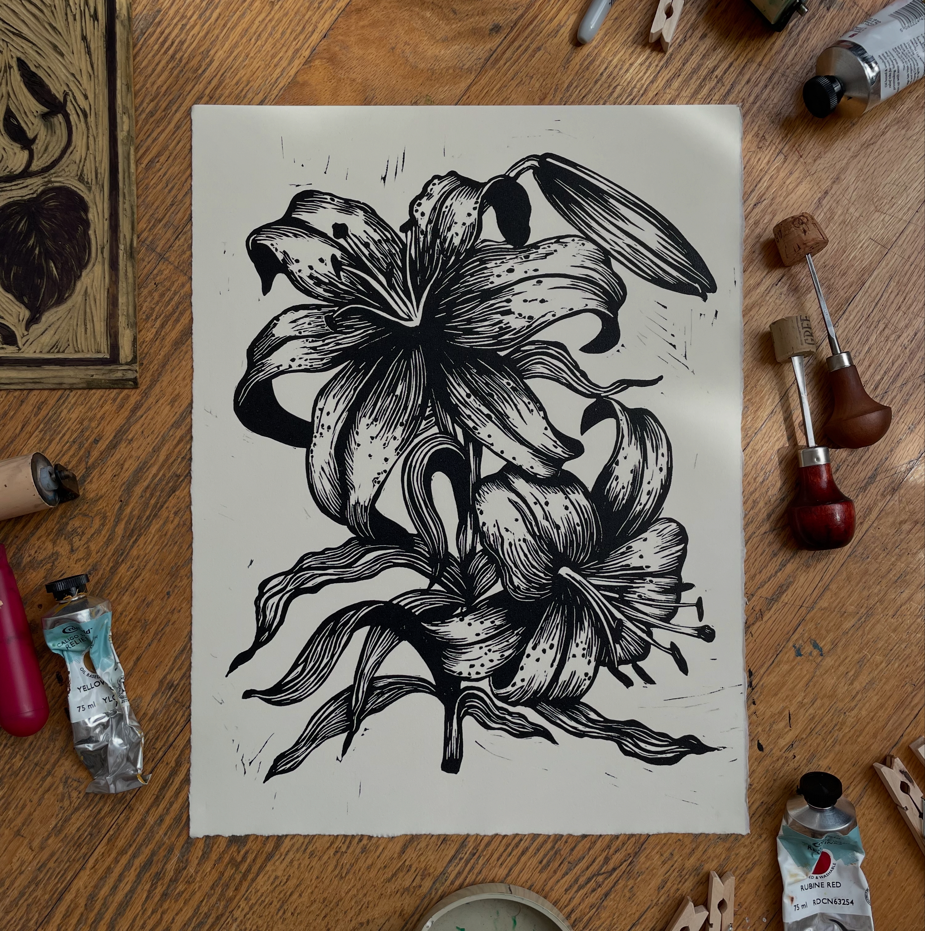 Linocut art print of flowers by Rosie Josie Studio.